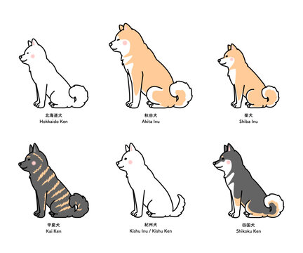 6種類の日本犬（横向き・お座り）のセットのベクターイラスト