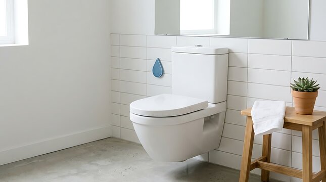 Modern minimalist bathroom featuring a water-saving toilet and a dont flush reminder droplet on the tiled wall