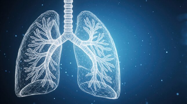 Abstract wireframe lungs and trachea illustration on a blue gradient background with particles. Represents respiratory system health, breathing science, and medical data visualization.