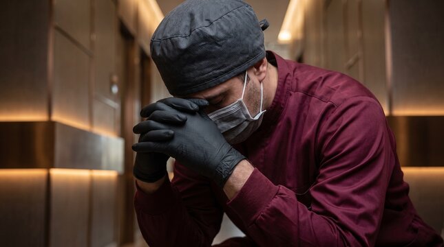 Exhausted healthcare worker sitting in hospital hallway wearing protective surgical mask and gloves