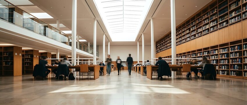 Students and researchers studying in modern university library with tall wooden bookshelves and bright natural light coming through high ceiling skylight in spacious academic environment