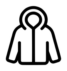 Casual hooded jacket garment showing rounded hood opening, long sleeves and full central front zipper seam rendered in clean black outline on a plain white background, modern apparel vector icon © Sean