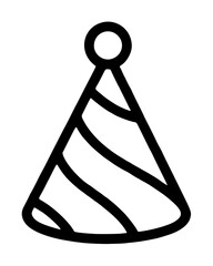 Naklejka premium Conical birthday party hat with curved spiral stripes wrapping around the body and a spherical pompom atop the apex, festive celebration vector icon presented in bold outlines on white