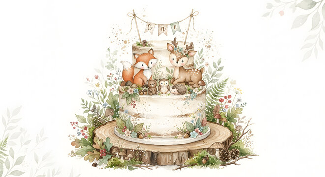 A two tier woodland birthday cake illustration with cute animals