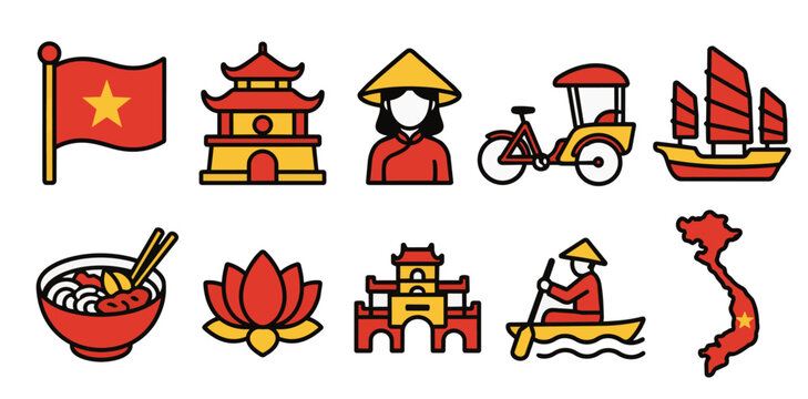 Vietnam Travel and Culture Illustration Elements, Minimal Vector Set