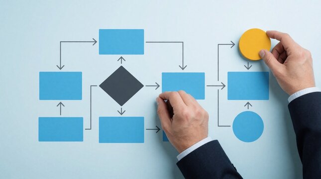Hands arrange elements on a business process flowchart. Man completes strategic workflow diagram, building a structured sequence. Planning and organization for efficiency.
