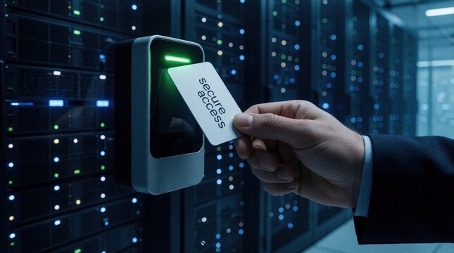 Man uses electronic keycard to unlock door in data center. Hand holds secure access card near smart reader device. High tech authentication system protects server room with bright green light
