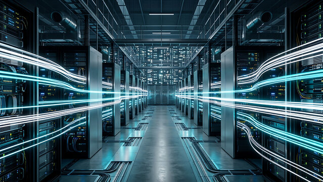 Modern Data Center Server Room with Cyan Blue High Speed Fiber Optic Network Data Flow