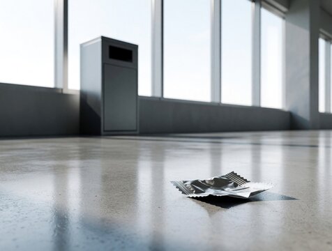 Empty chewing gum wrapper lies on shiny floor near modern trash bin by large windows. Suggests littering, need for clean spaces, recycling concepts. Copy space available.