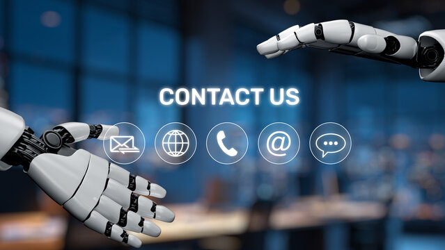 Futuristic robot hands extend in a sleek office space, symbolizing advanced communication. The image emphasizes themes of connectivity and modern interaction. Synapse