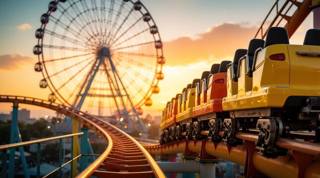 Yellow roller coaster cars sit on metal track at amusement park. Huge ferris wheel background with bokeh effect during sunset. Bright golden hour sky over carnival rides. Fun summer vacation leisure