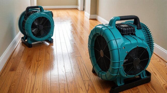 Two blue industrial air movers sit on wet wooden floor in hallway. Portable electric blowers work to dry hardwood planks after flood water damage. Pro equipment helps remove moisture, humidity from