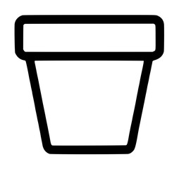 Obraz premium Empty horticultural plant pot featuring a thick top rectangular rim and tapered trapezoidal container body, gardening earthenware vessel drawn as a thick line vector icon on white backdrop
