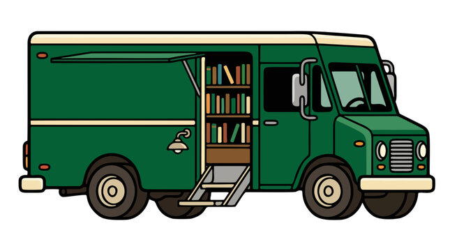 Green Vintage Bookmobile Mobile Library Van Vector Illustration