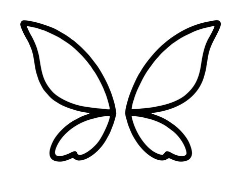 Four delicate hollow fairy wings arranged symmetrically with two upper pointed tips and two lower rounded lobes, magical creature accessory drawn as a monoline vector icon on white backdrop
