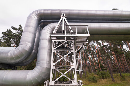 The photo shows a pipeline against the backdrop of a gray sky and forest