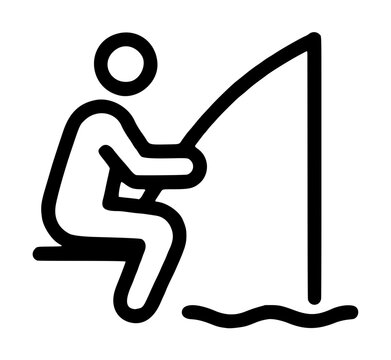 Angler person pictogram seated comfortably while holding a curved fishing rod with line cast into wavy water, graphic black contour vector icon isolated on a solid white background