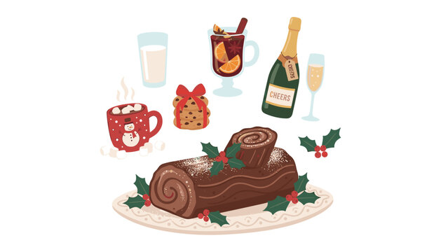 Christmas yule log cake vector set with festive drinks mulled wine hot chocolate champagne and holiday sweets