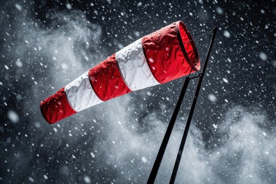 Red, white windsock blows in heavy snowstorm. Aviation wind indicator shows strong wind direction against dark gray sky. Blizzard weather at airfield creates low visibility for flight. Winter storm