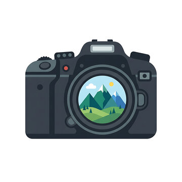 DSLR Camera Lens Reflecting Mountain Landscape Vector Illustration