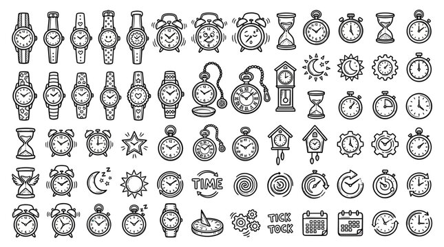 Hand-Drawn Collection of Timekeeping Devices and Symbols