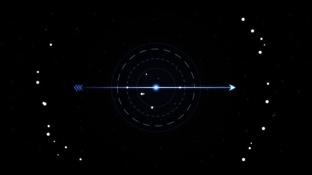 Digital space interface with concentric circles, horizontal arrow pointing right, and star clusters scattered on a dark background