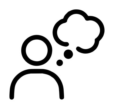 Stylized person bust silhouette with small ascending circular dots connecting to a fluffy cloud thought bubble, black outline icon on a plain white background, mindset concept vector icon