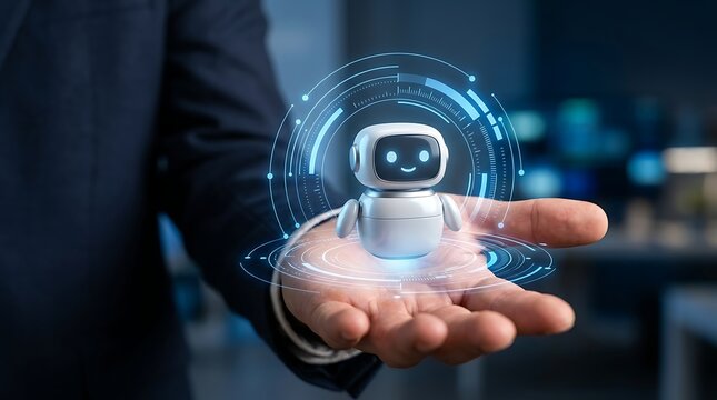 Professional businessman in a suit holding a glowing futuristic holographic robot avatar in his palm representing artificial intelligence integration and human machine collaboration at work