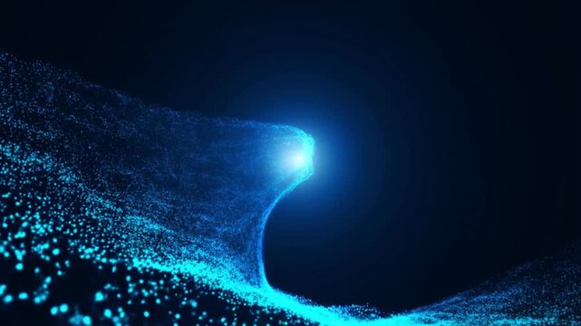 Abstract Blue Particle Wave Loop with Glowing Light Source and Stardust
