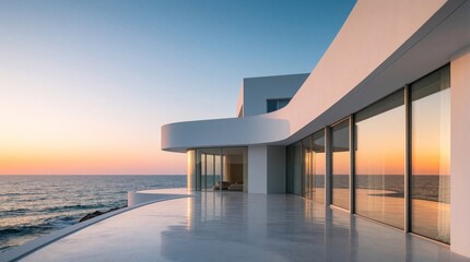 Obraz premium Modern white villa with curved architecture stands by blue ocean. Luxury seaside house features large glass windows, spacious terrace. Beautiful sunset sky reflects on minimalist building during