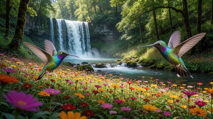 Obraz premium Two hummingbirds hover near colorful flowers by a scenic waterfall. Lush green forest surrounds the water stream. Sunlight filters through trees creating peaceful natural beauty.
