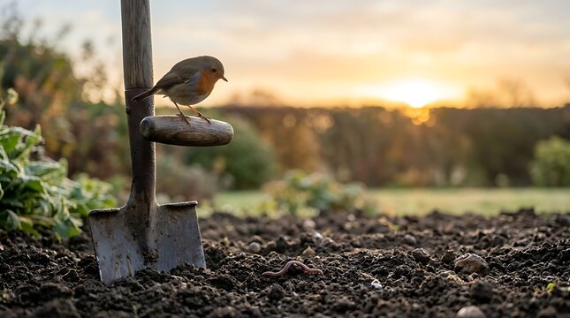 Early bird gets the worm conceptual image with robin on shovel in garden at sunrise