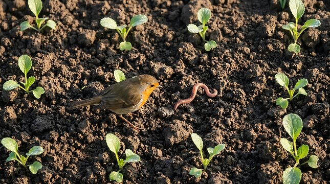 Early bird gets the worm as a robin looks at earthworm in garden soil with young cabbage sprouts