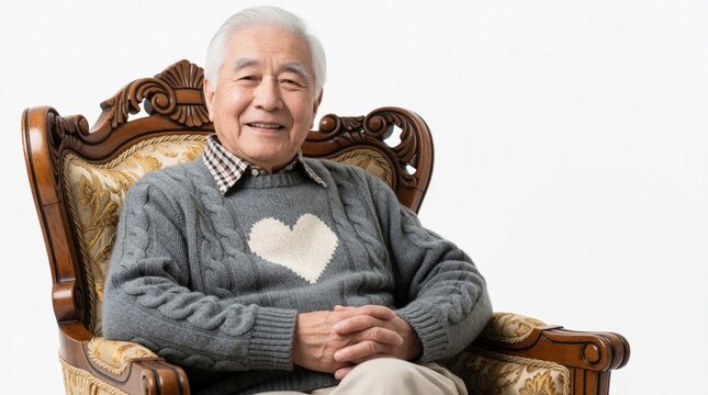 Smiling senior Asian man sits in vintage wooden armchair. Happy elderly person wears grey cable knit sweater with white heart pattern. Mature male enjoys relaxed life, calm mood in studio. Positive