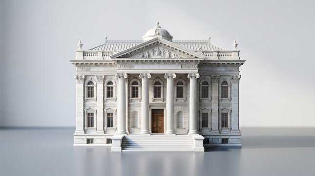 A detailed 3D architectural model of a classical white marble building featuring Ionic columns, ornate pediment,grand entrance steps,and a central dome,isolated against a light gray studio background.