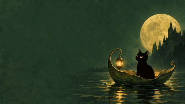 Mysterious Voyage: A black cat sits in a mystical boat, guided by a lantern's glow towards a haunting castle silhouetted against a full moon. An atmosphere of magic and intrigue.