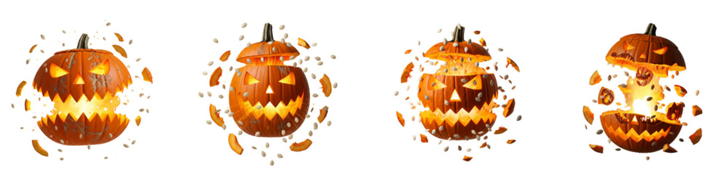 Set of exploding carved jack o lanterns for halloween isolated on black
