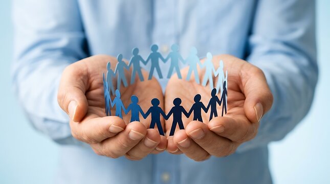Person in blue shirt holding circular chain of blue paper people cutouts in hands representing teamwork community unity and social collaboration in professional business environment or NGO sector