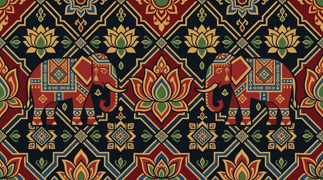 Thai traditional seamless pattern with decorated elephants and lotus flowers on dark background