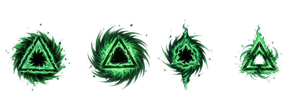 Set of four green magical portals with triangle frames and fire energy