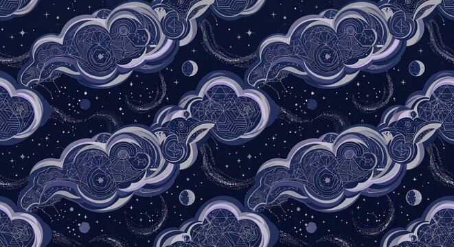 Celestial seamless pattern with geometric clouds, stars, and moon on dark blue night sky background
Dark blue cosmic space seamless pattern for textile or wallpaper design
