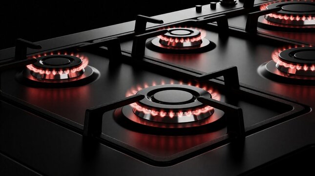 Close up of modern black gas stove with glowing red flames. Four burners ignite in dark kitchen setting. Sleek cooktop design shows heat, energy for professional cooking. High tech kitchen appliance