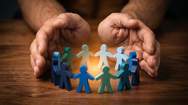 Hands protecting group of colorful wooden human figures on dark wooden table representing diversity and inclusion and collective support and community safety and care