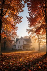 Fototapeta premium Cozy white house sits among vibrant autumn trees during golden hour. Orange maple leaves cover grass lawn in yard. Warm sunlight shines through forest foliage creating peaceful suburban landscape