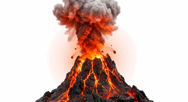 A massive geological mountain peak erupts violently casting scorching molten fire and thick dark volcanic ash plumes into the atmosphere as tectonic forces release intense heat across