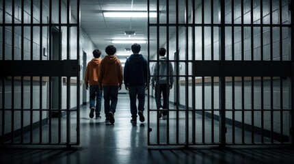 Four young males walk down a sterile prison hallway past barred cells. They are in casual hoodies and jeans, suggesting a juvenile detention setting focused on rehabilitation.