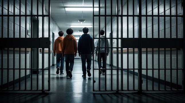 Four young males walk down a sterile prison hallway past barred cells. They are in casual hoodies and jeans, suggesting a juvenile detention setting focused on rehabilitation.