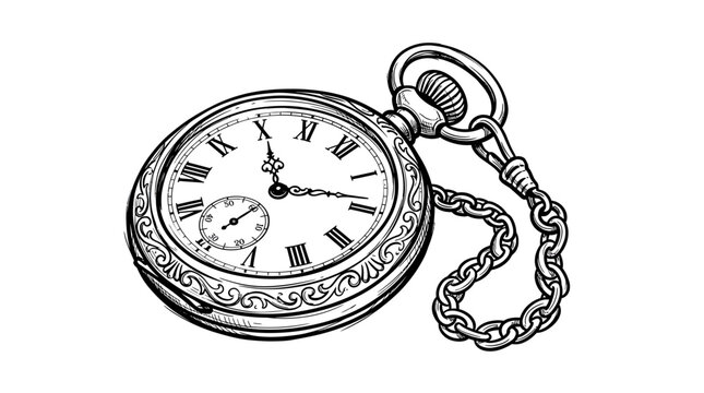 Vintage Pocket Watch with Chain, Isolated