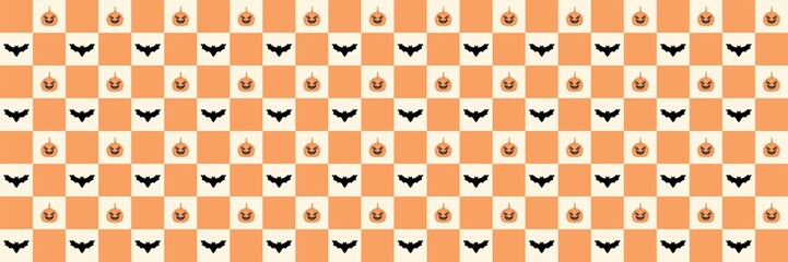 Fototapeta premium Halloween seamless pattern with jack-o-lantern pumpkins and bats on orange checkered grid background.