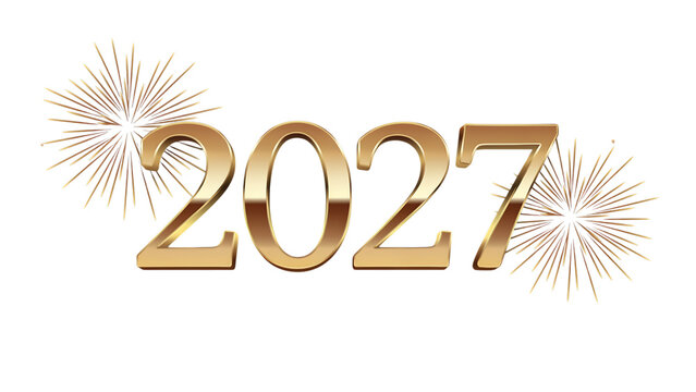 Golden three dimensional numerals spelling two thousand twenty seven with fireworks on transparent background digits numbers year date